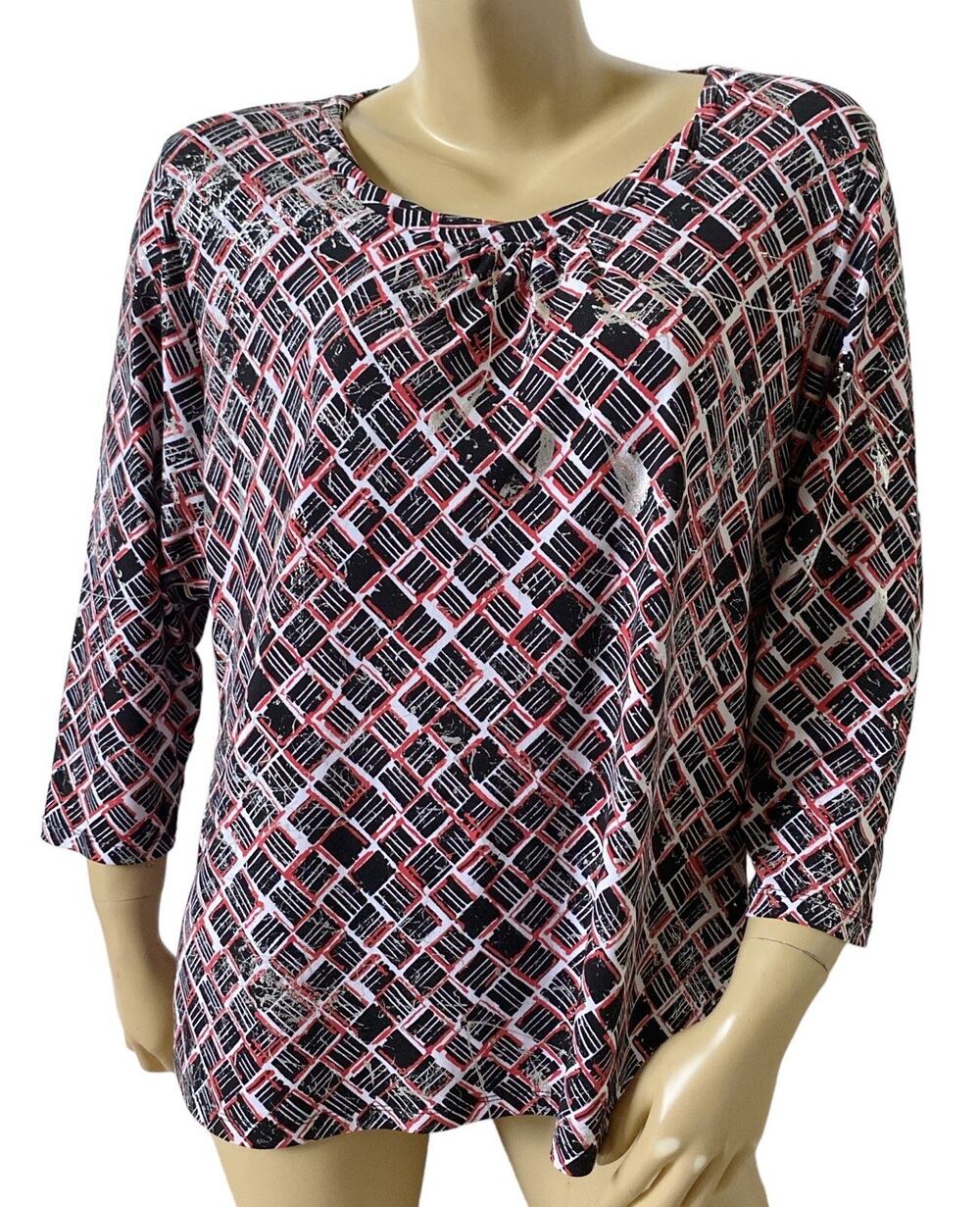 Alia Top Size Womens Large Geometric Print Scoop Neck 3/4 Sleeve Stretch Knit